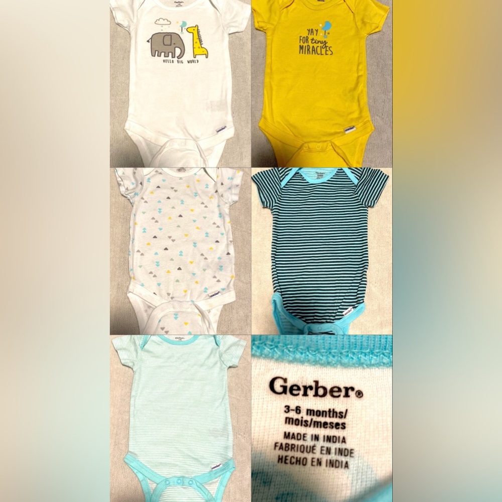 Set of 5 Gerber Short Sleeve Onesies Giraffe Moon Star Stripe Triangle, 3-6m